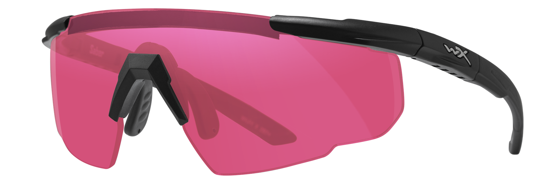 Sportbrille mit rosa Gläsern und schwarzem Rahmen, seitlich betrachtet.