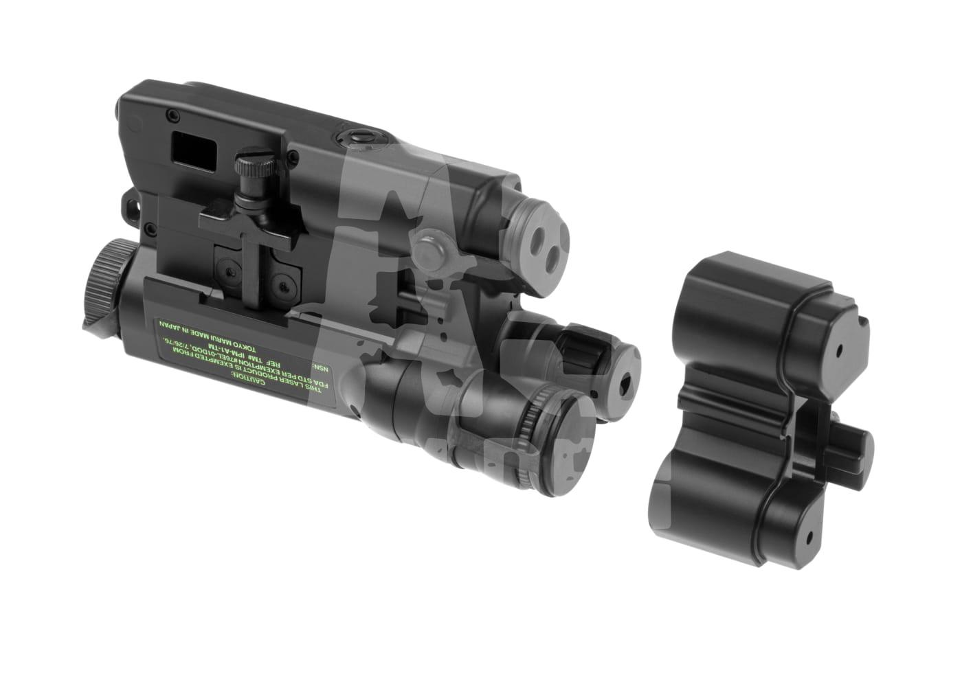 Kompaktes Airsoft-Lasermodul in Schwarz mit Montagesystem, seitliche Einstellmöglichkeiten.
