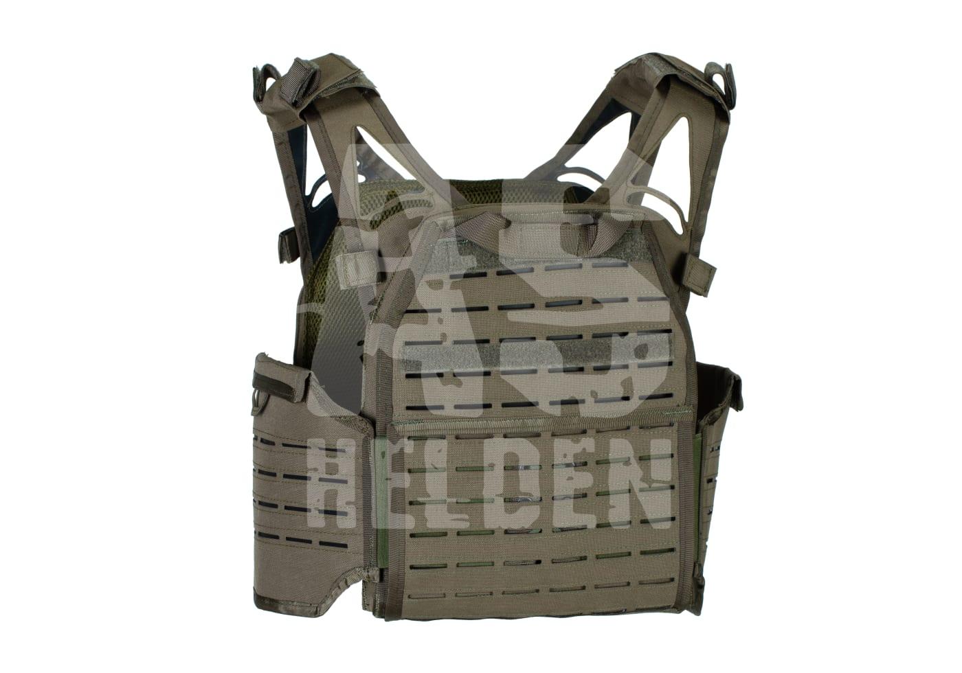 Olivegrüner Airsoft-Plattenträger mit Laser-Cut-MOLLE für modulare Anbringung, straffes Design für sicheren Sitz.