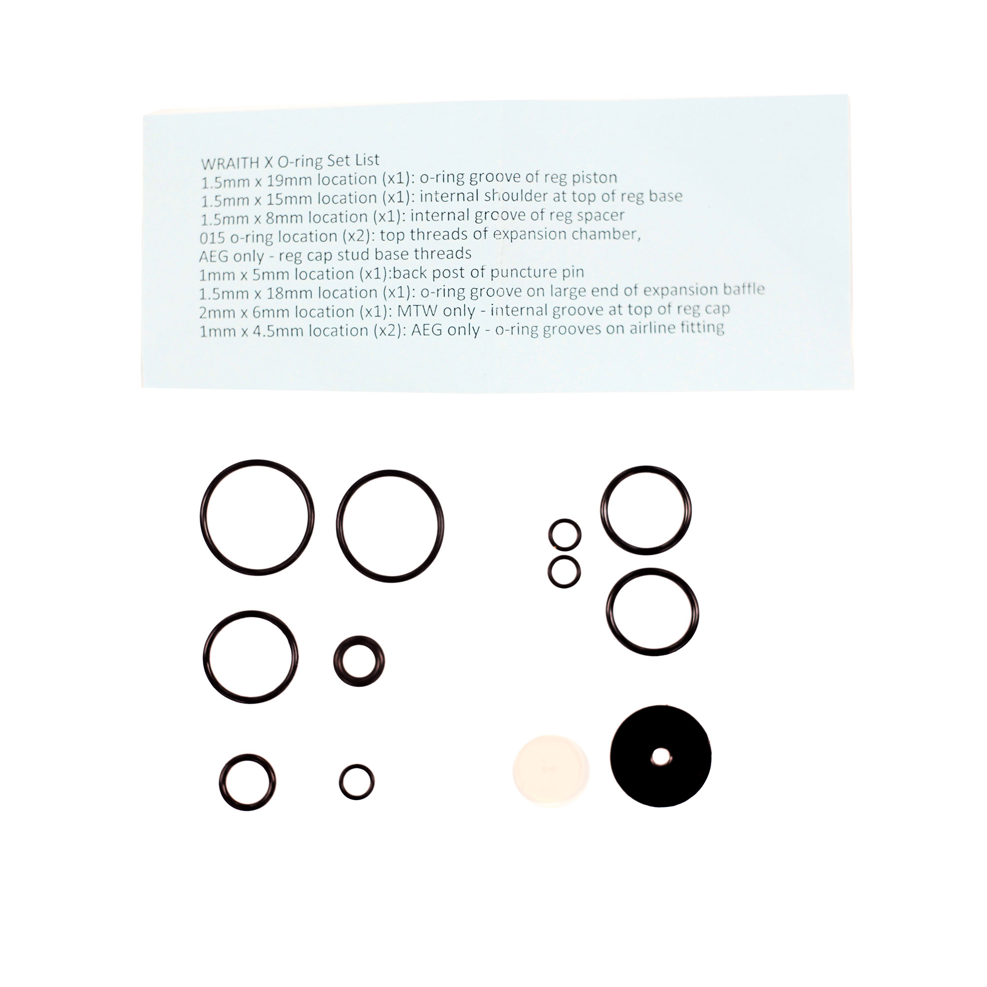 O-Ring-Set für Airsoft-Pistole mit verschiedenen Größen und Liste der Anwendungen.
