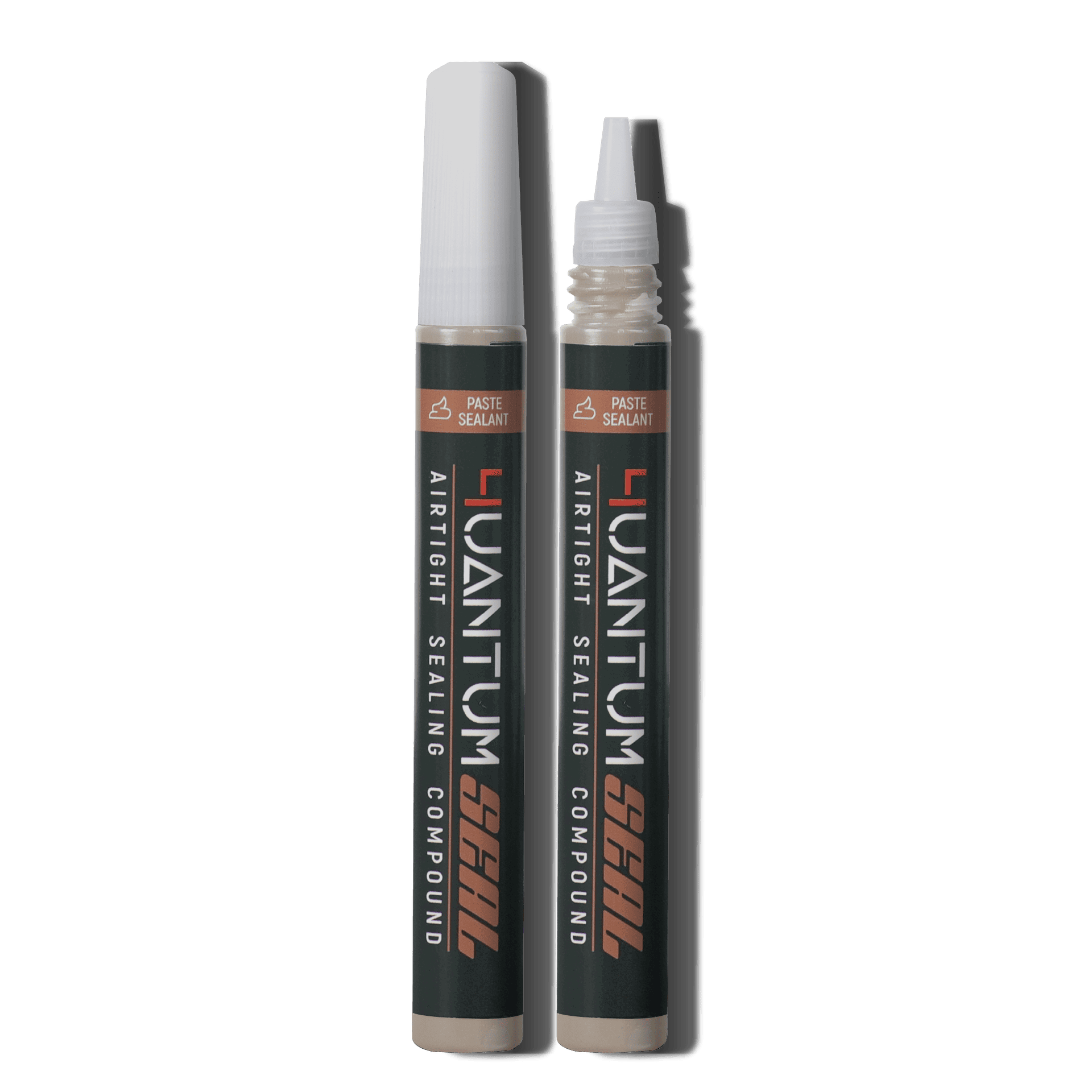 Zwei schwarze Tuben luftdichtes Dichtmittel mit Spitzenaufsatz, eine offen, eine geschlossen.