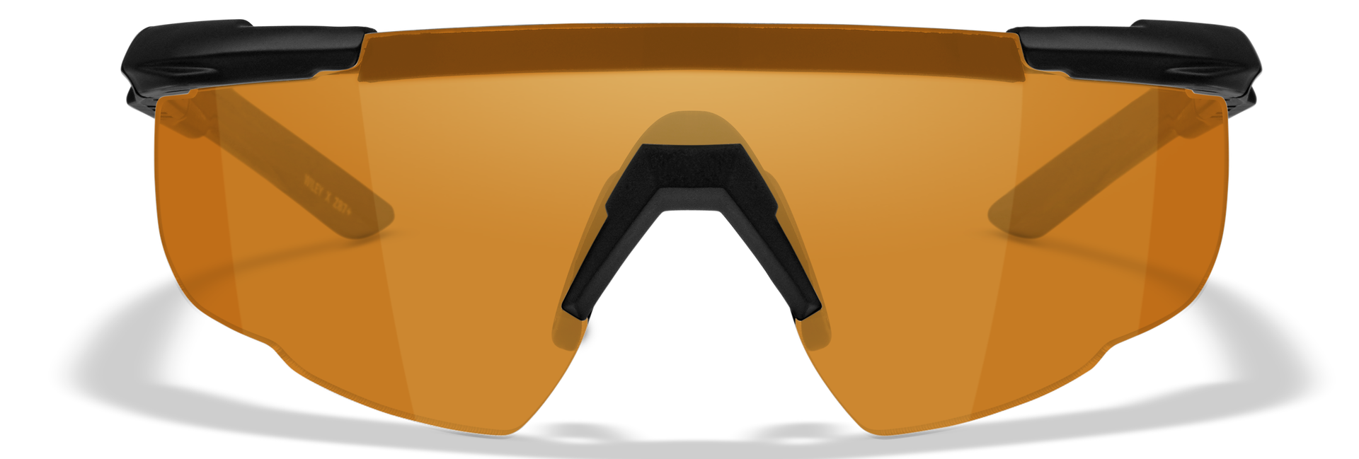 Sportliche Sonnenbrille mit orangen Gläsern und schwarzem Rahmen.