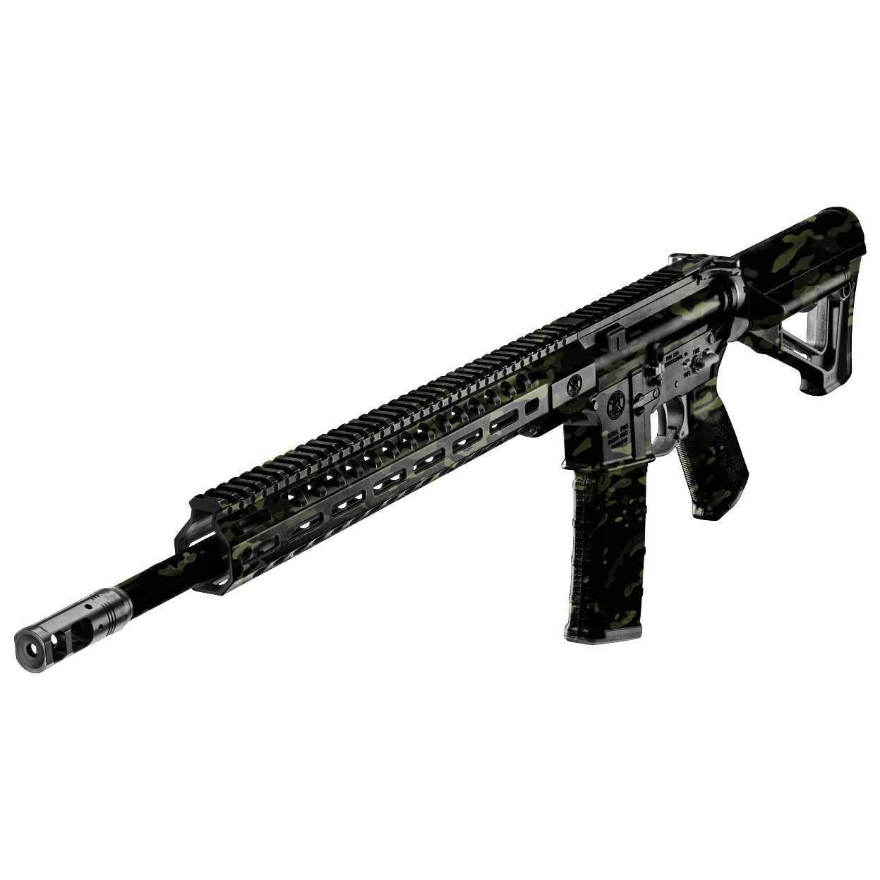Airsoft-Gewehr mit grün-schwarzem Camouflage-Muster, langem Lauf und taktischem Design.