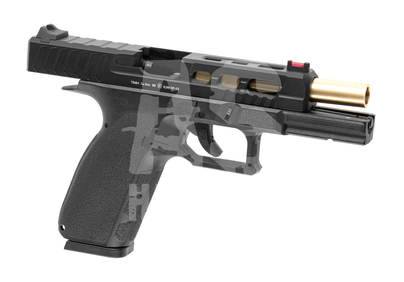 KJ Works KP-13 Custom Metal Version GBB - ab 18 Jahren Airsoft-Pistole, schwarze Polymer-Verarbeitung, goldener Lauf, taktisches Design.