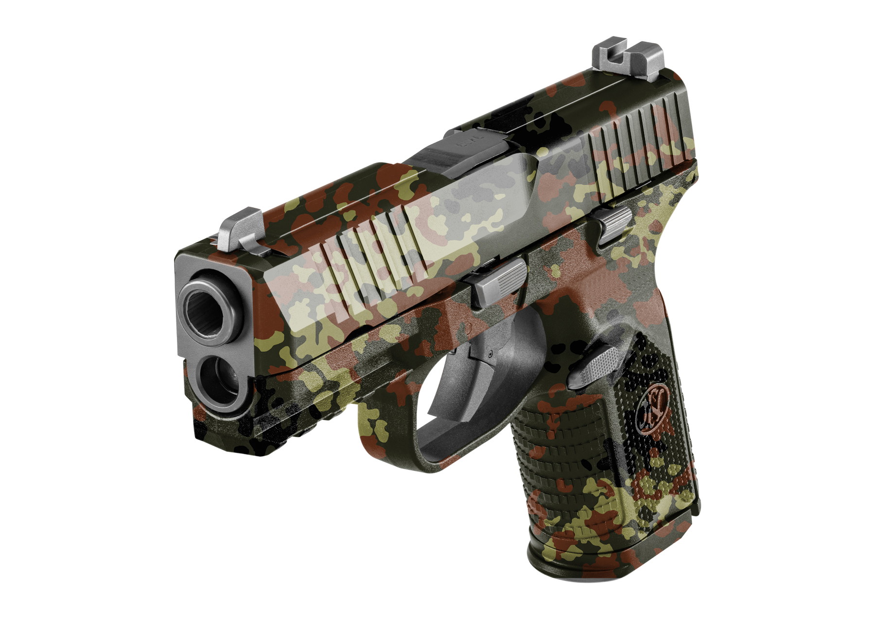 Airsoft-Pistole mit Tarnmuster, seitliche Ansicht, modernes Design, realistische Details.