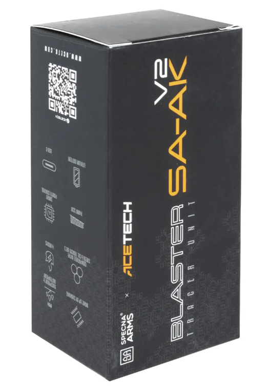 Schwarze Verpackung der AceTech Blaster SA-AK V2 Tracer Unit für Airsoft.
