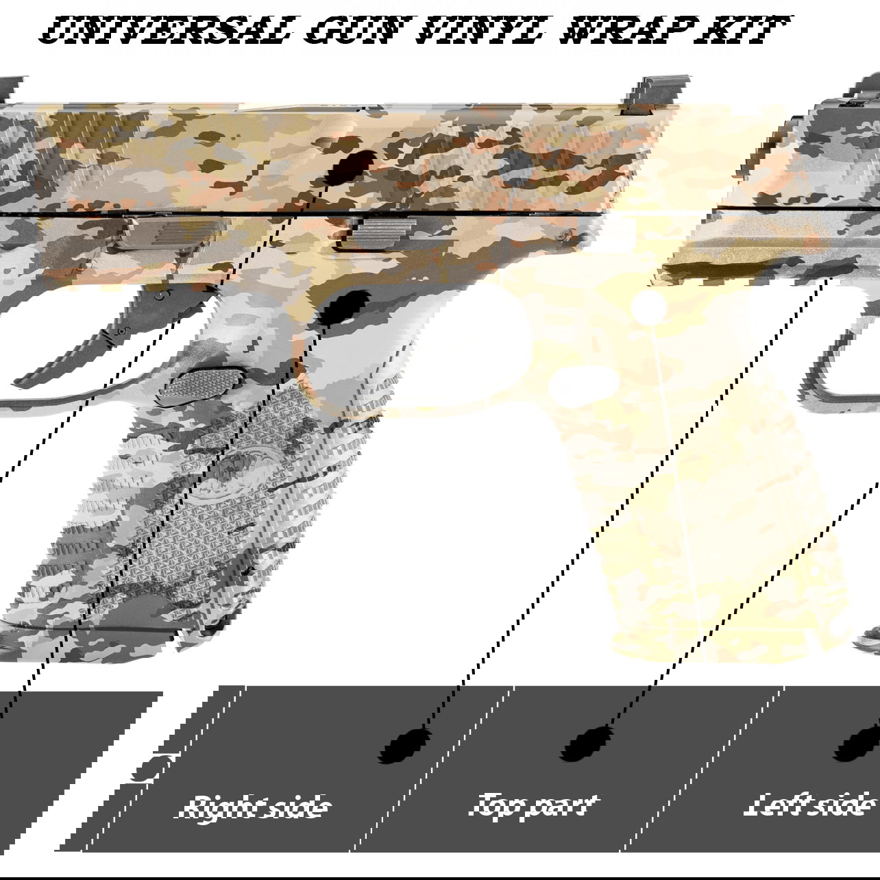 Pistolennachbildung mit Tarn-Vinylaufklebern, beschriftet: rechte Seite, obere Partie, linke Seite.
