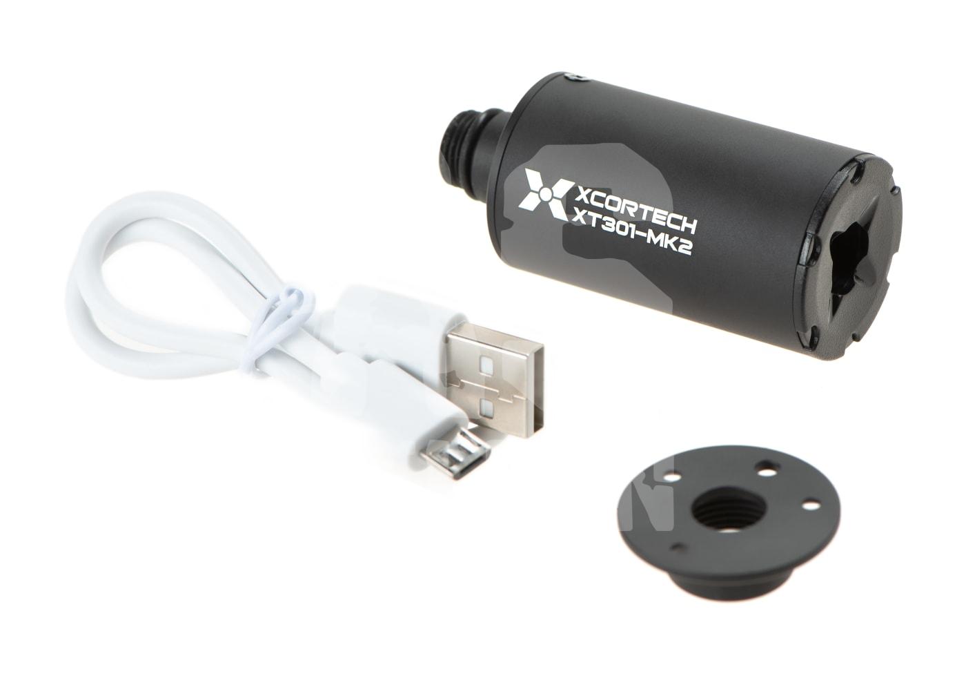 Xcortech XT301-MK2 Airsoft-Tracer mit USB-Kabel und Adapterplatte.