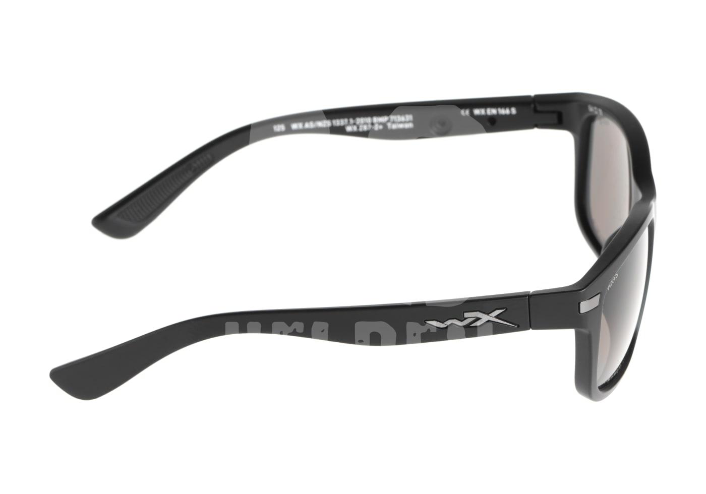WX Helix Grey Schwarze Schutzbrille mit WX-Logo, seitliche Ansicht. Ideal für Airsoft, bietet robusten Augenschutz.