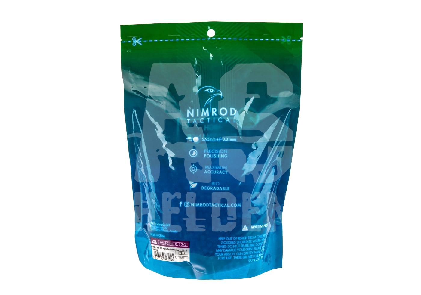 Nimrod Tactical Bio BBs, 5.95mm, Präzisions-Politur, biologisch abbaubar, blau-grüne Verpackung.