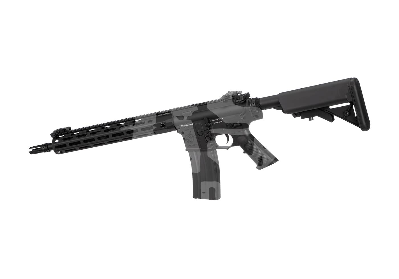 Airsoft-Gewehr mit verstellbarer Schulterstütze und taktischem Handguard, schwarz-graues Tarnmuster.