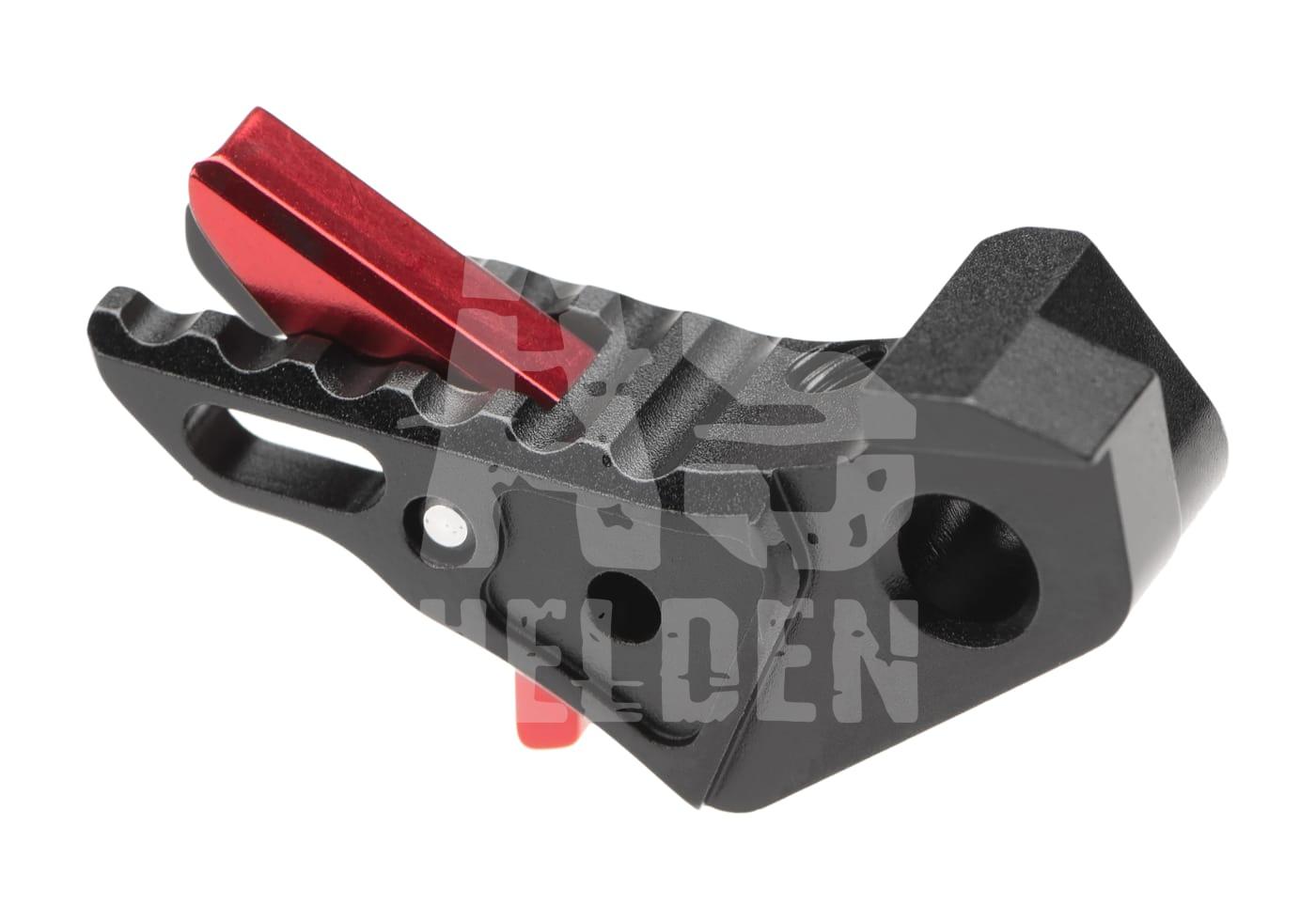 AAP01 Adjustable Trigger Schwarzer Airsoft-Abzug mit rotem Akzent, gezahntes Design, aus Metall.