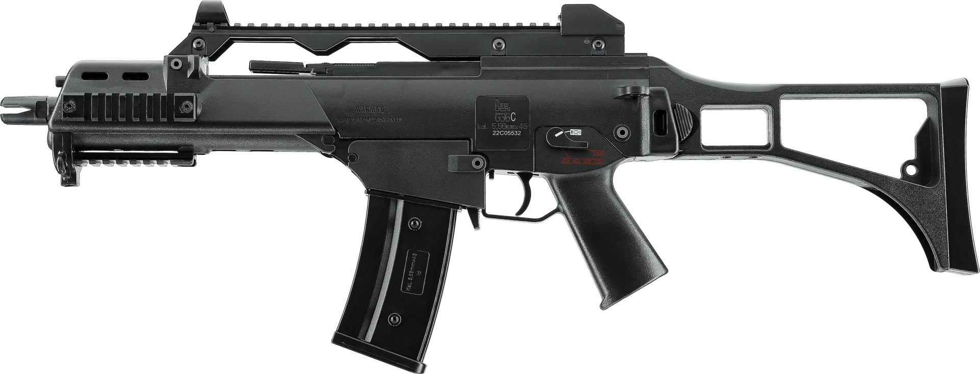 Schwarzes Airsoft-Gewehr HK G36C mit taktischer Schiene und Magazin in Seitenansicht.