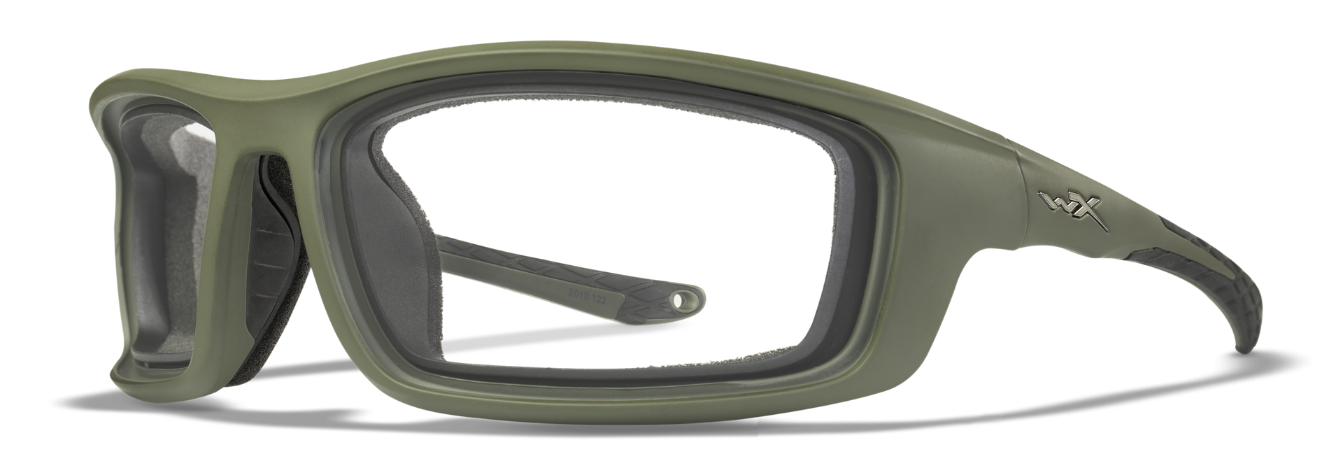 Grüne Schutzbrille mit klaren Gläsern und seitlichem WX-Logo, ideal für Airsoft-Sport.