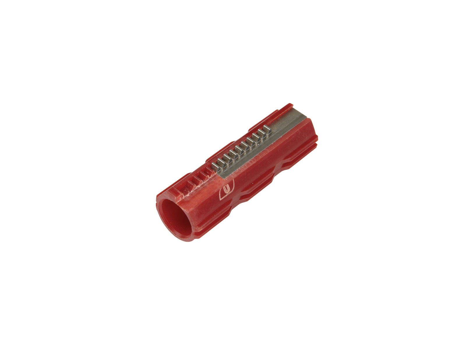 Roter Airsoft-Piston mit Stahlzähnen für verbesserte Haltbarkeit in Getrieben.