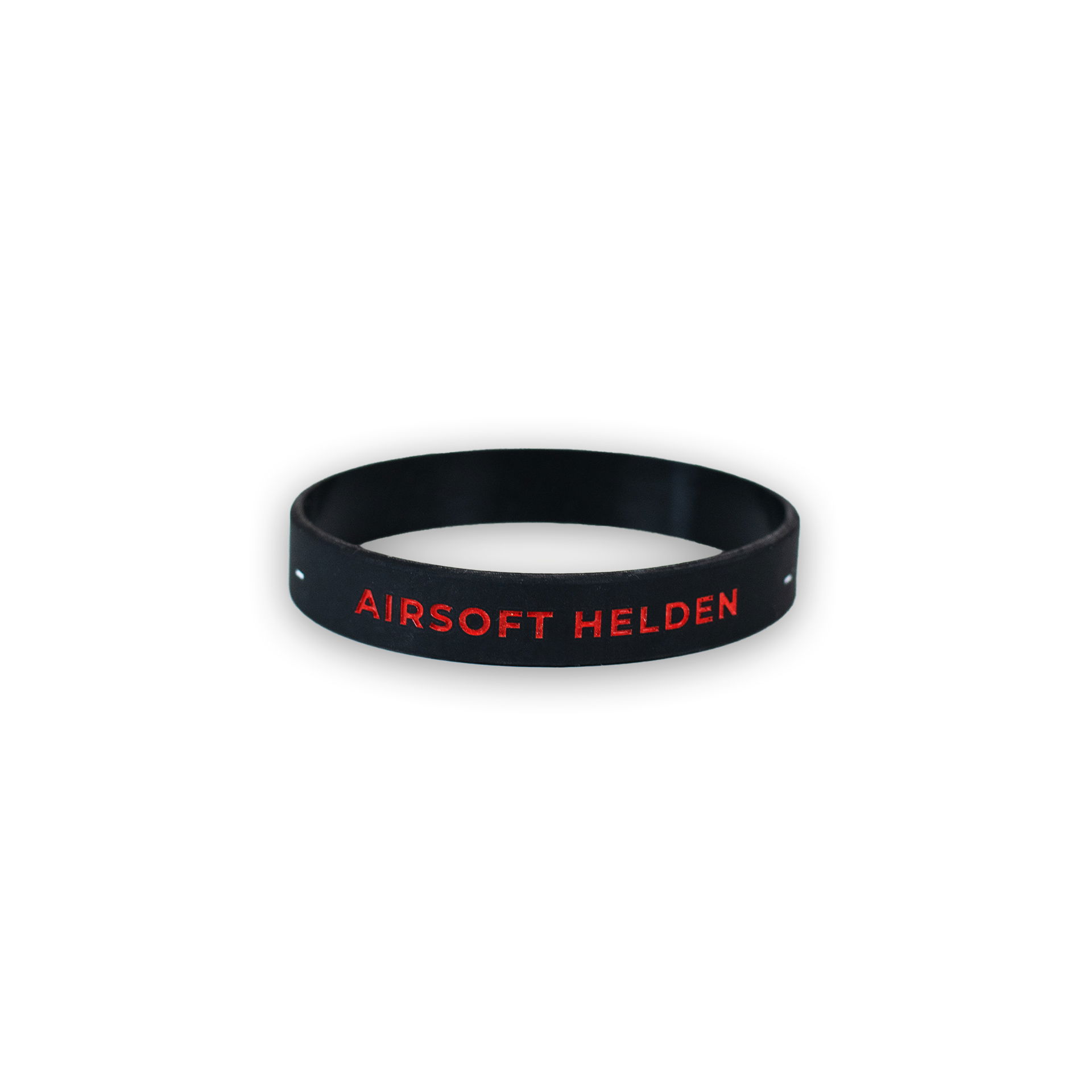 Schwarzes Armband mit rotem "Airsoft Helden"-Schriftzug auf weißem Hintergrund.