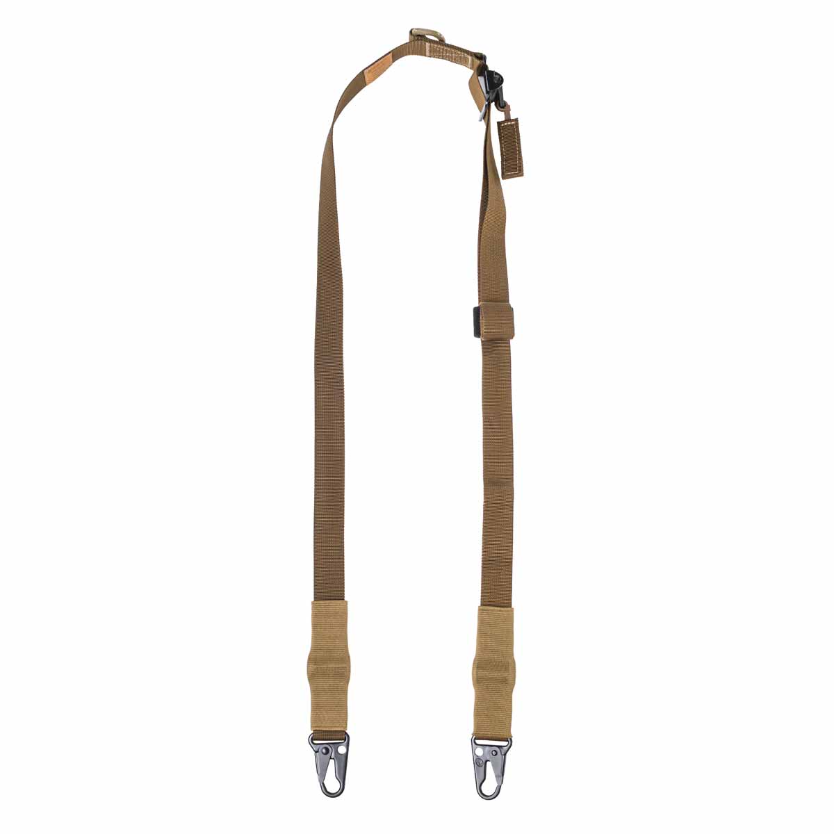 Taktischer, verstellbarer Gewehrgurt in Braun mit zwei Metallkarabinern. Ideal für Airsoft-Ausrüstung.