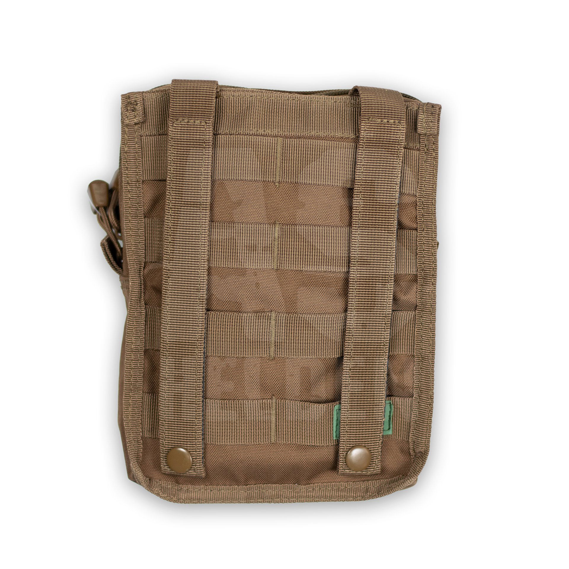 Taktische, beige Molle-Tasche mit Befestigungsschlaufen, ideal für Airsoft-Zubehör.
