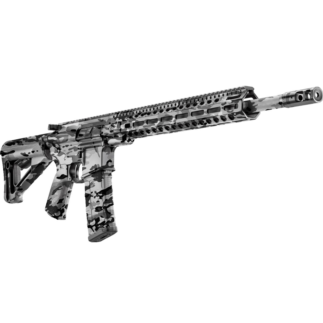 Airsoft-Gewehr mit urbanem Tarnmuster, taktischen Schienen und ergonomischem Griff.