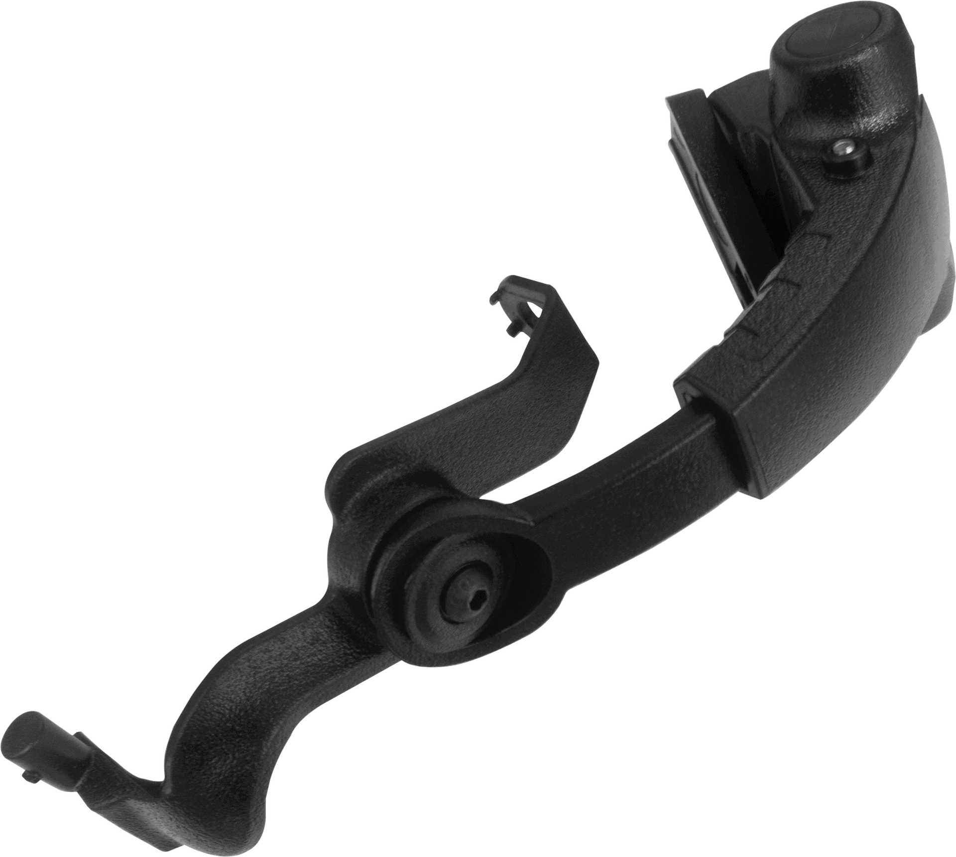 Schwarzes, gebogenes Airsoft-Helmelement, Kunststoffstruktur mit Befestigungsmechanismus.