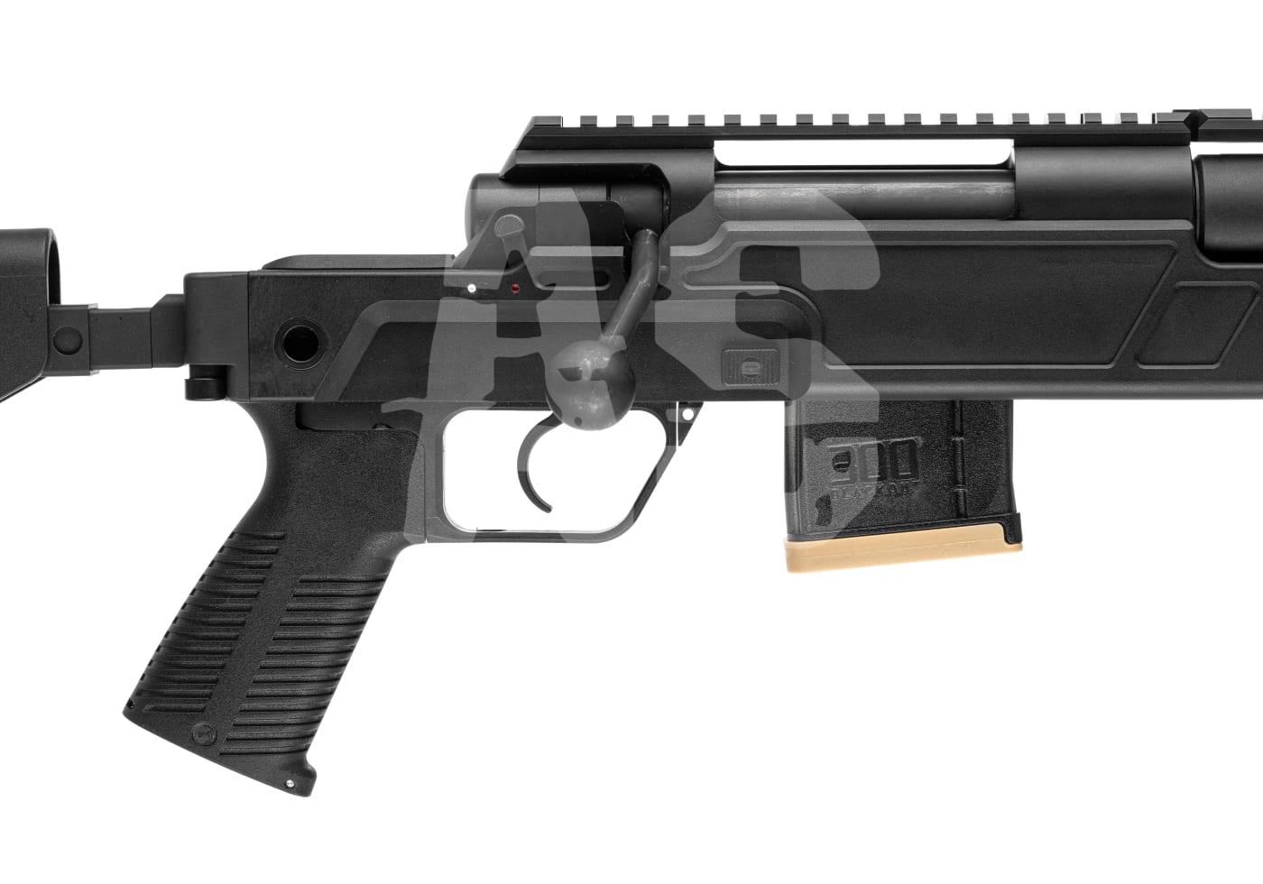 Archwick B&T SPR 300 Pro 2.8J - ab 18 Jahren Airsoft-Snipergewehr, Detailaufnahme des Abzugsbereichs mit Magazin, schwarzer Schaft und taktischer Griff.