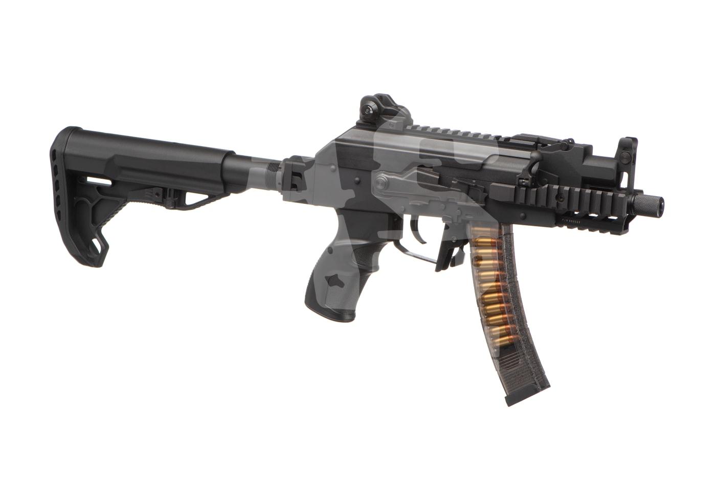 Airsoft-Maschinengewehr mit schwarzem Schaft und transparentem Magazin, seitliche Ansicht.