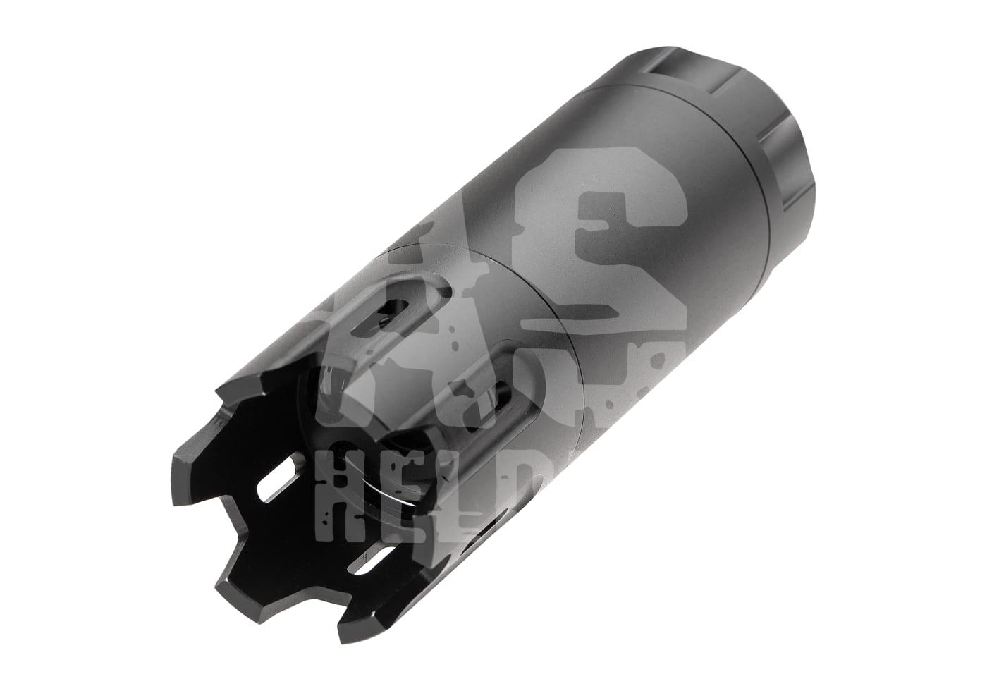 Schwarzer Airsoft Tracer-Suppressor mit zylindrischer Form und markantem Öffnungsdesign.