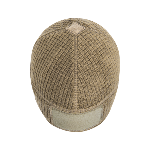Taktische Beanie-Mütze in Tan mit gestepptem Muster und Klettstreifen. Ideal für Airsoft-Spiele.