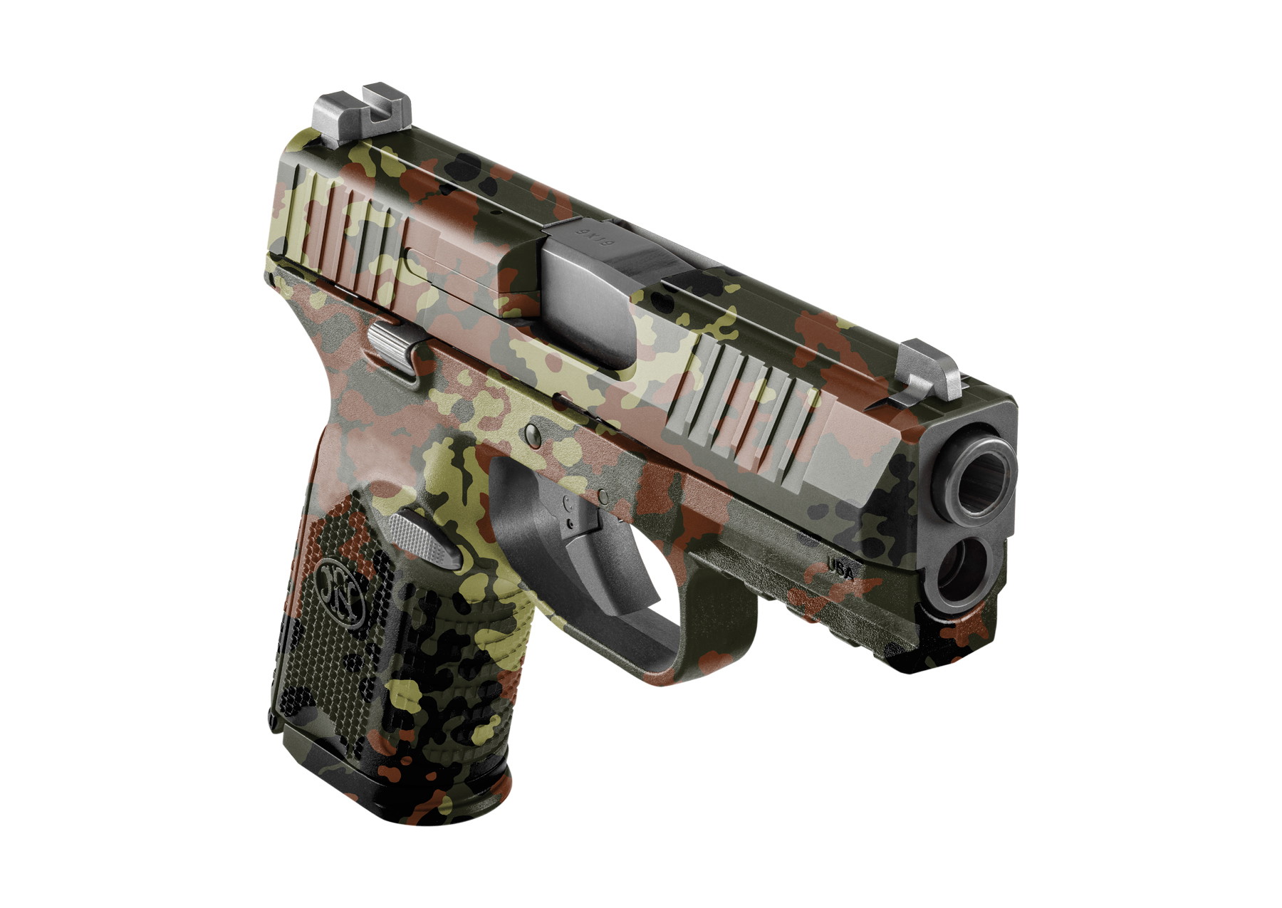 Tarnpistole mit Camo-Look, ideal für Airsoft-Spiele. Kompaktes Design mit realitätsgetreuem Aussehen.