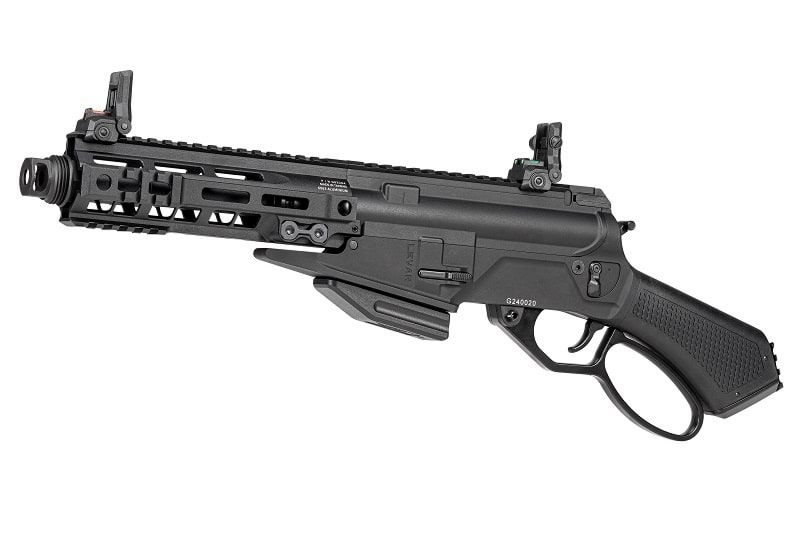 G&G LevAR 7 inch Gas Lever Action Rifle - ab 18 Jahren Schwarzes Airsoft-Gewehr mit Klappvisier und modifiziertem Abzugsschutz, seitliche Ansicht.
