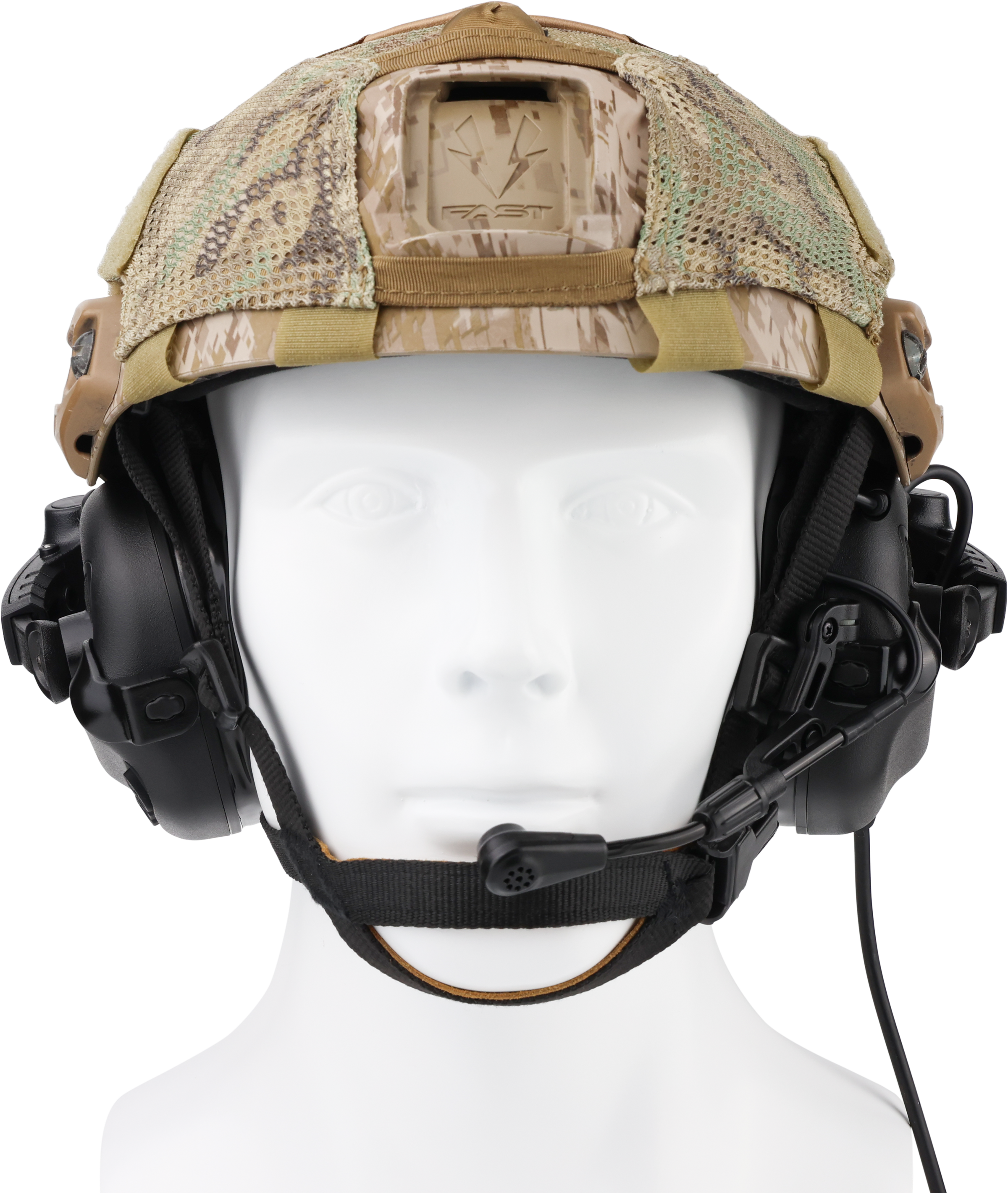 Earmor™ M32X Plus Headset für Fast / ARC Systeme Taktischer Helm mit Tarnbezug und Headset auf weißem Modellkopf.