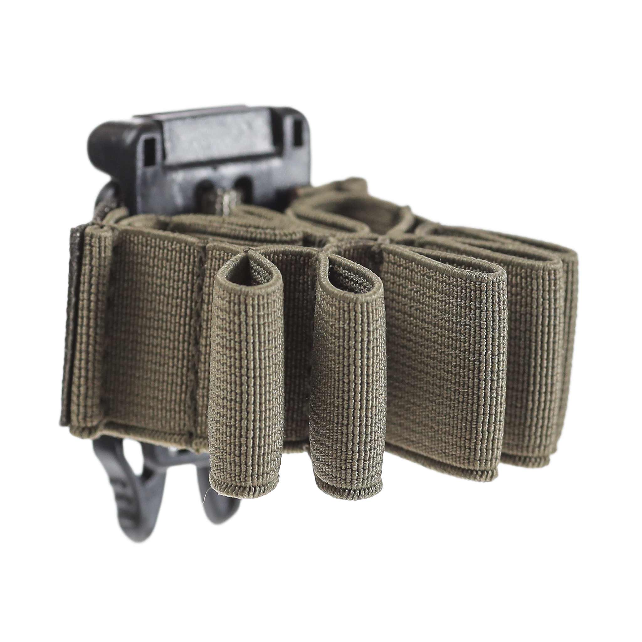 Taktisches Airsoft-Hülsenhalter-Accessoire in Olivgrün mit mehreren elastischen Schlaufen und Gürtelclip.