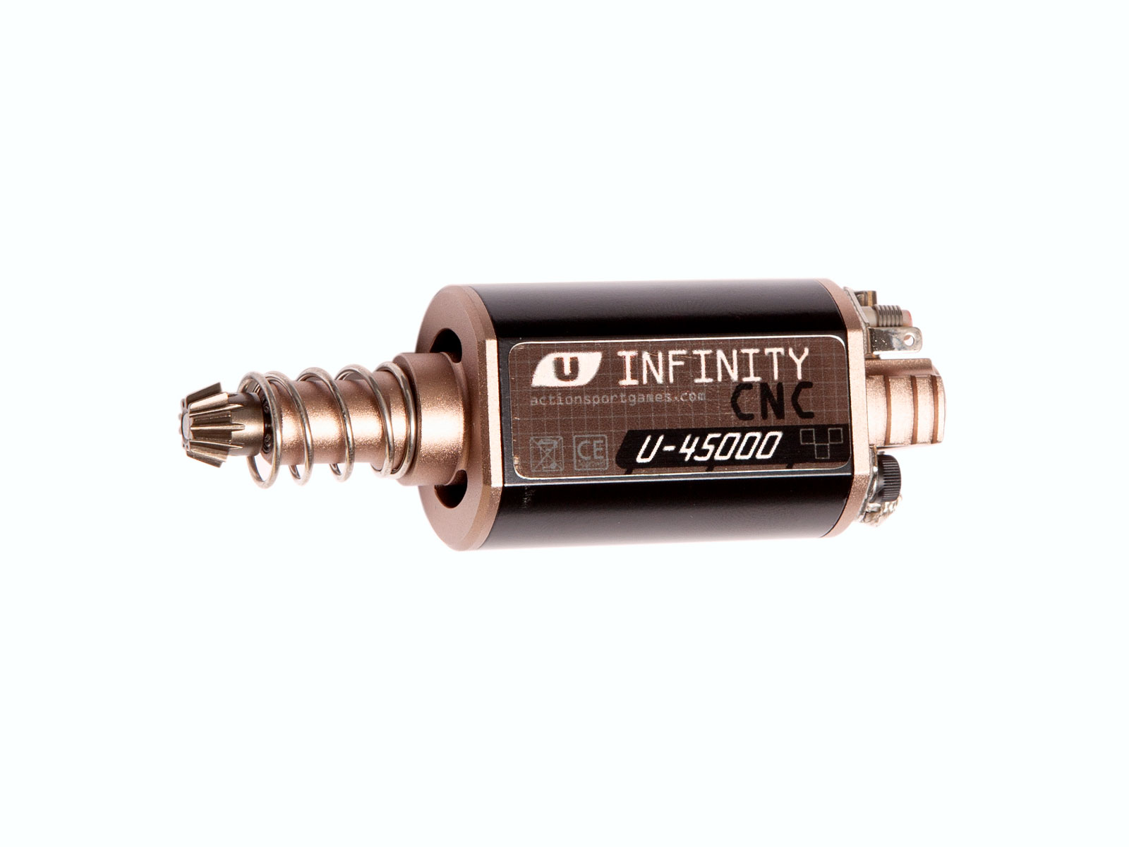 Infinity CNC U-45000 Motor für Airsoft-Waffen, schwarz-silber, mit sichtbarer Spule.