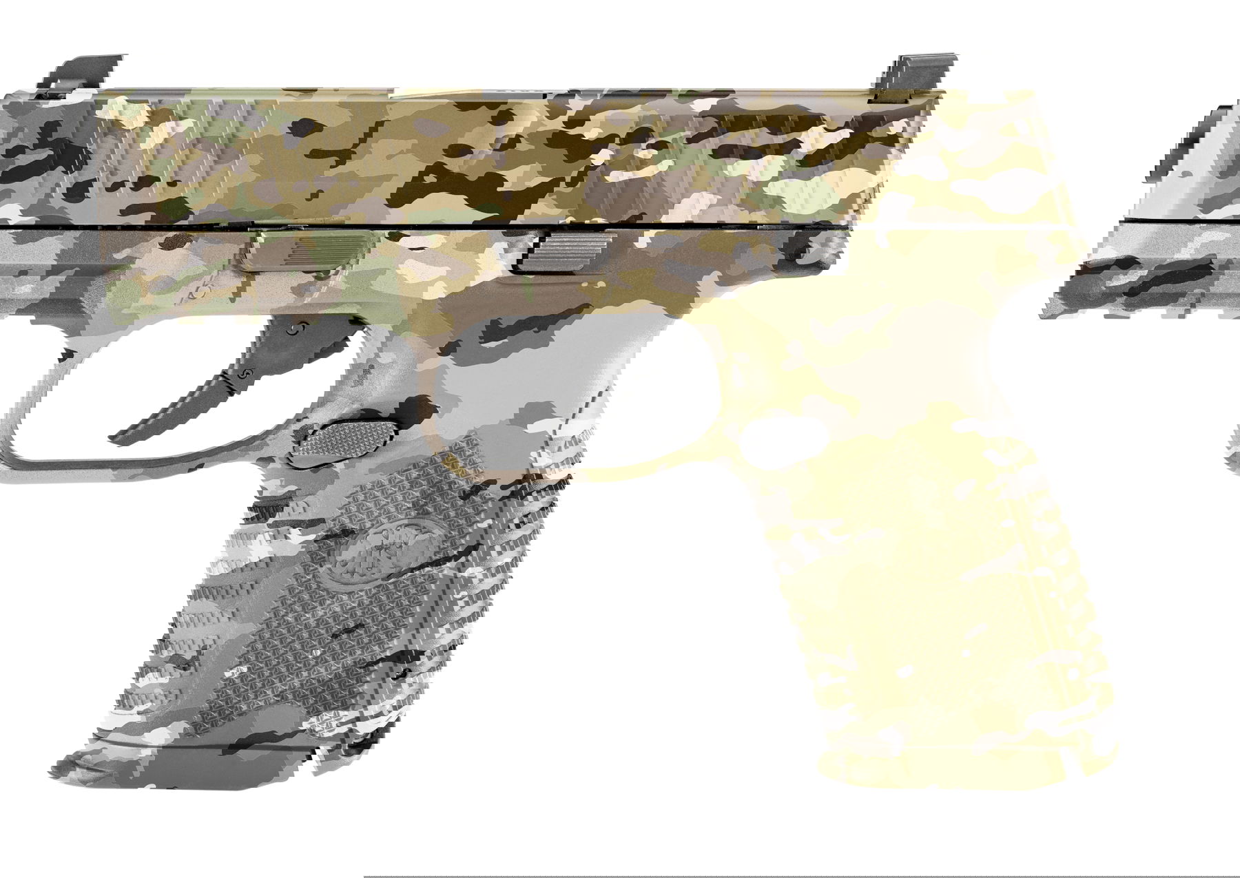 Airsoft-Pistole mit Tarnmuster, Seitenansicht, kompakte Bauweise, ideal für taktische Spiele.