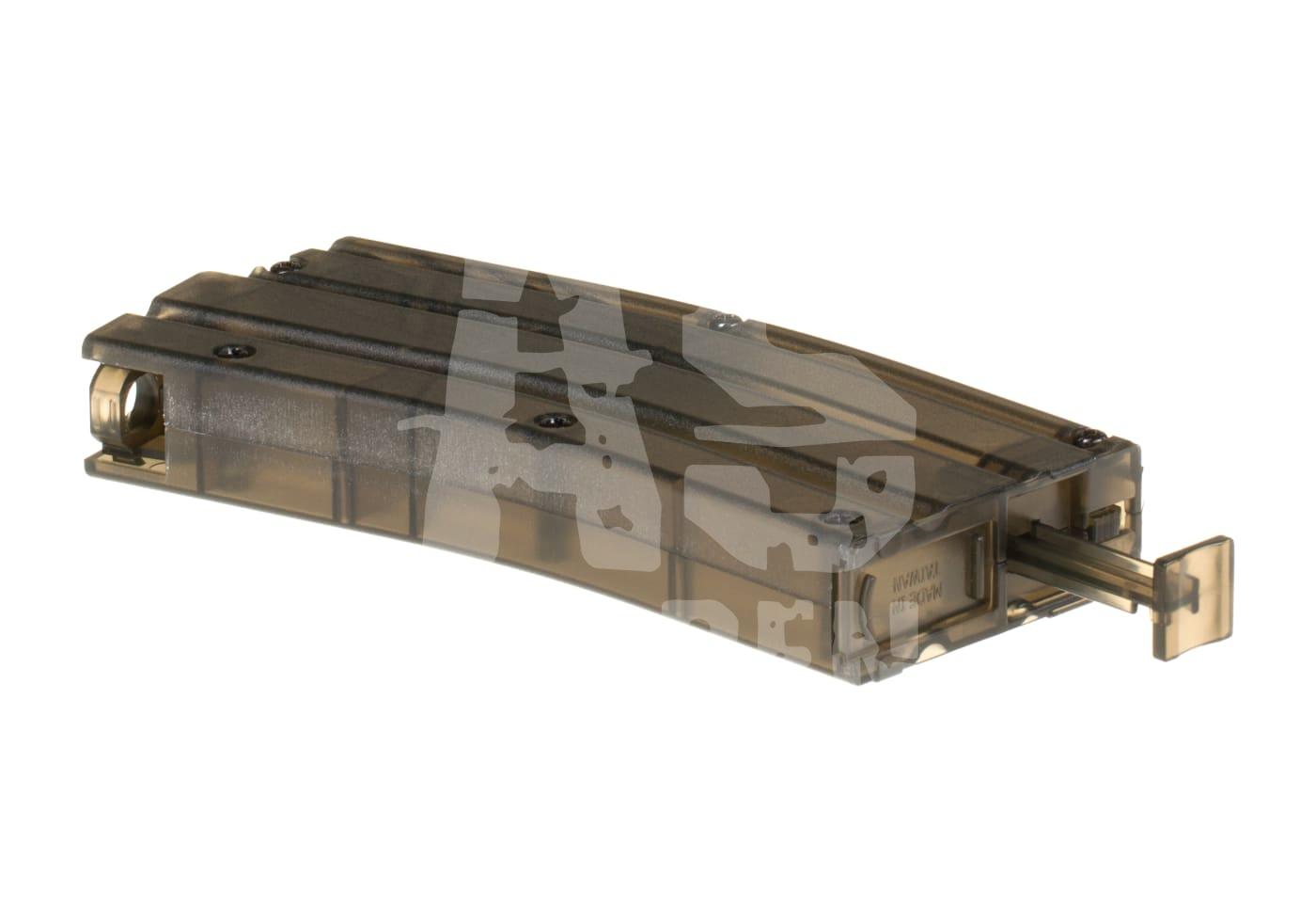 Airsoft-Speedloader, transparentes Design, seitliche Ansicht, geöffnete Ladefunktion.