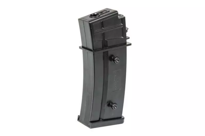 Schwarzes Airsoft-Magazin, Curved-Design, Kunststoff, zwei Schrauben an der Seite.