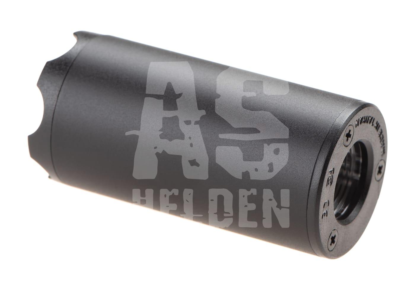 Schwarzer Airsoft Schalldämpfer zylindrisch, seitlich sichtbar.