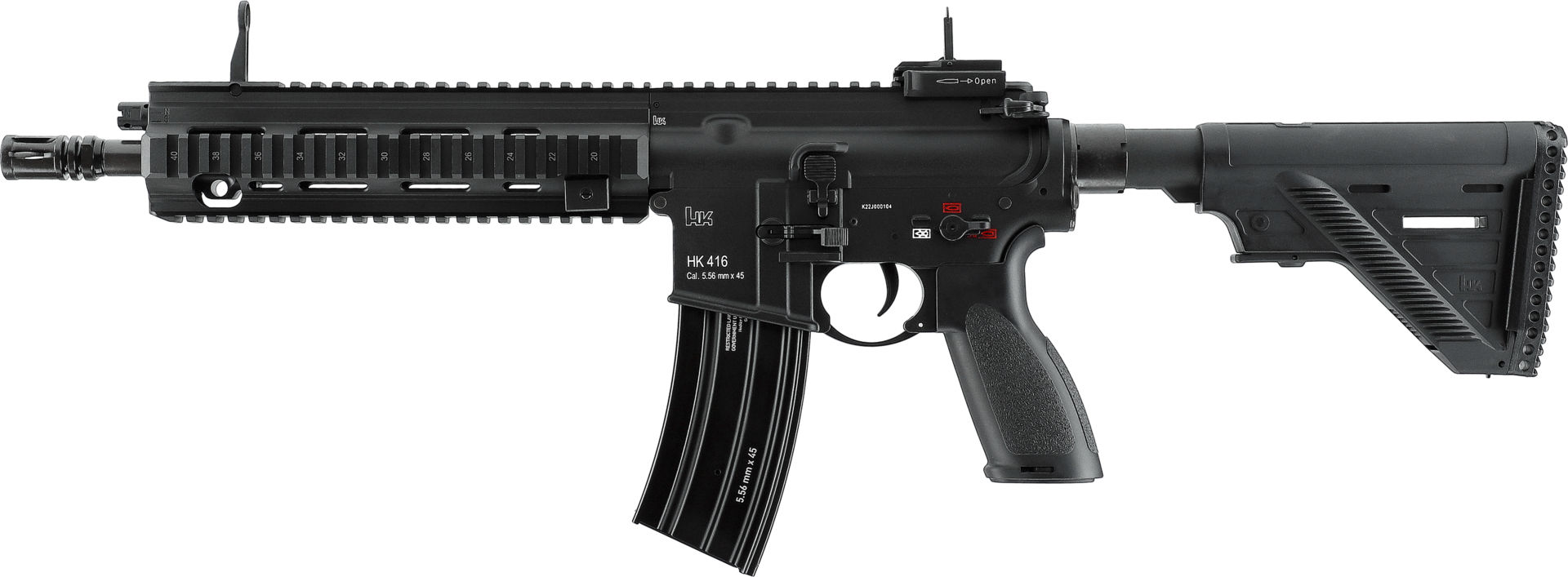 Airsoft-Gewehr HK416, schwarz, mit taktischer Schiene und verstellbarem Schaft.