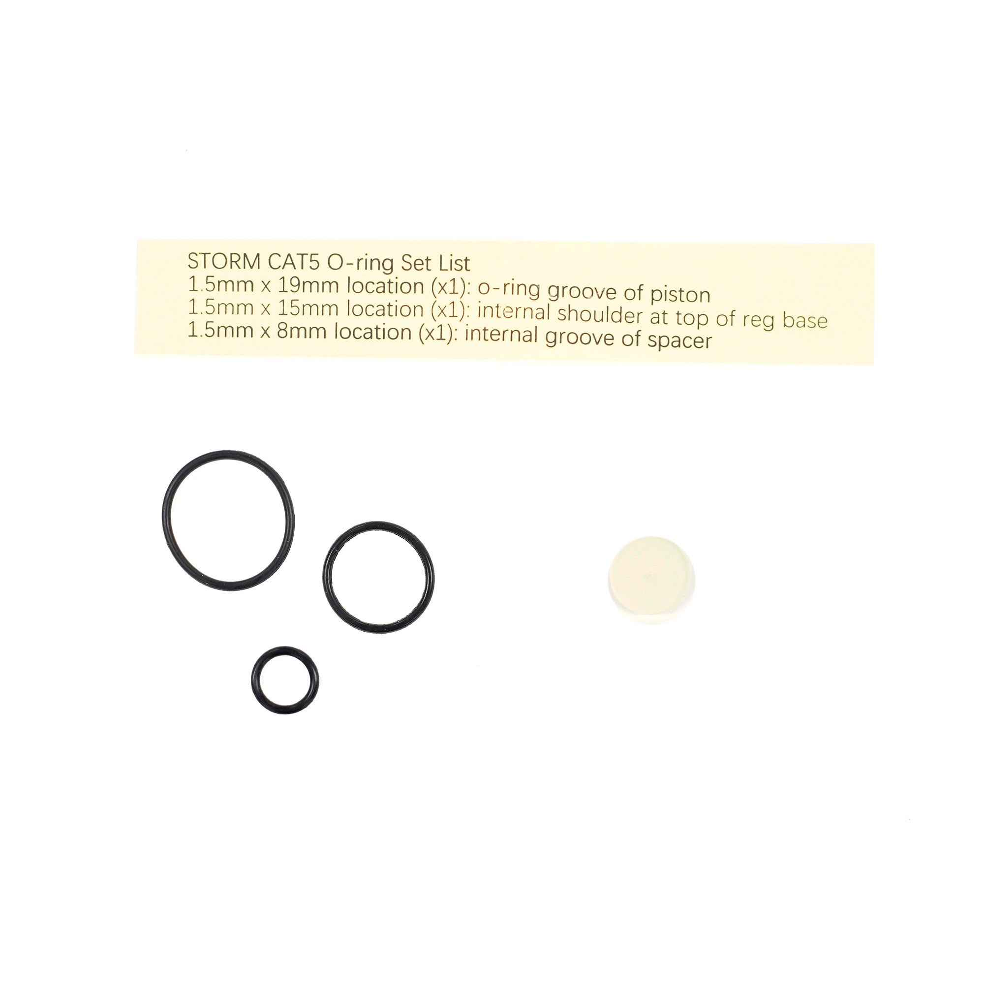 O-Ring Set mit drei Dichtungen und einem weißen Einsatz, für die Sturm CAT5 Airsoft-Komponenten.