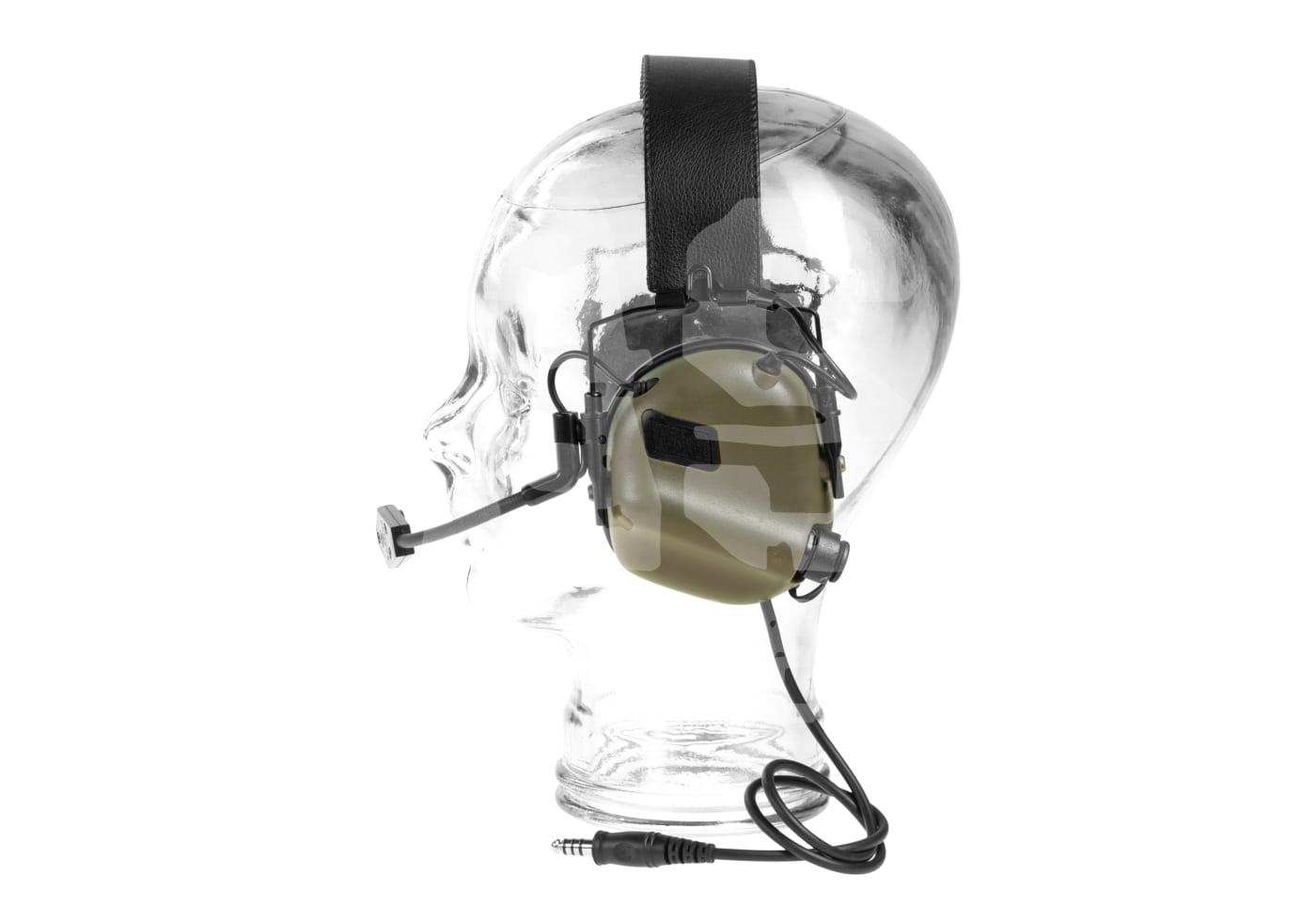 Taktisches Headset mit Mikrofon an Glasmodellkopf, olivgrün mit Tarnmuster, inklusive Audiokabel.