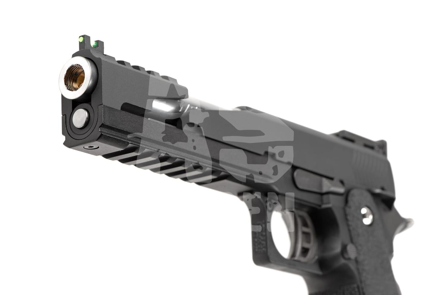 WE Hi-Capa 6 T-Rex Customs Titanium Barrel Full Metal GBB - ab 18 Jahren Nahaufnahme einer Airsoft-Pistole mit fokussierter Mündung und Visier, seitliche Ansicht.