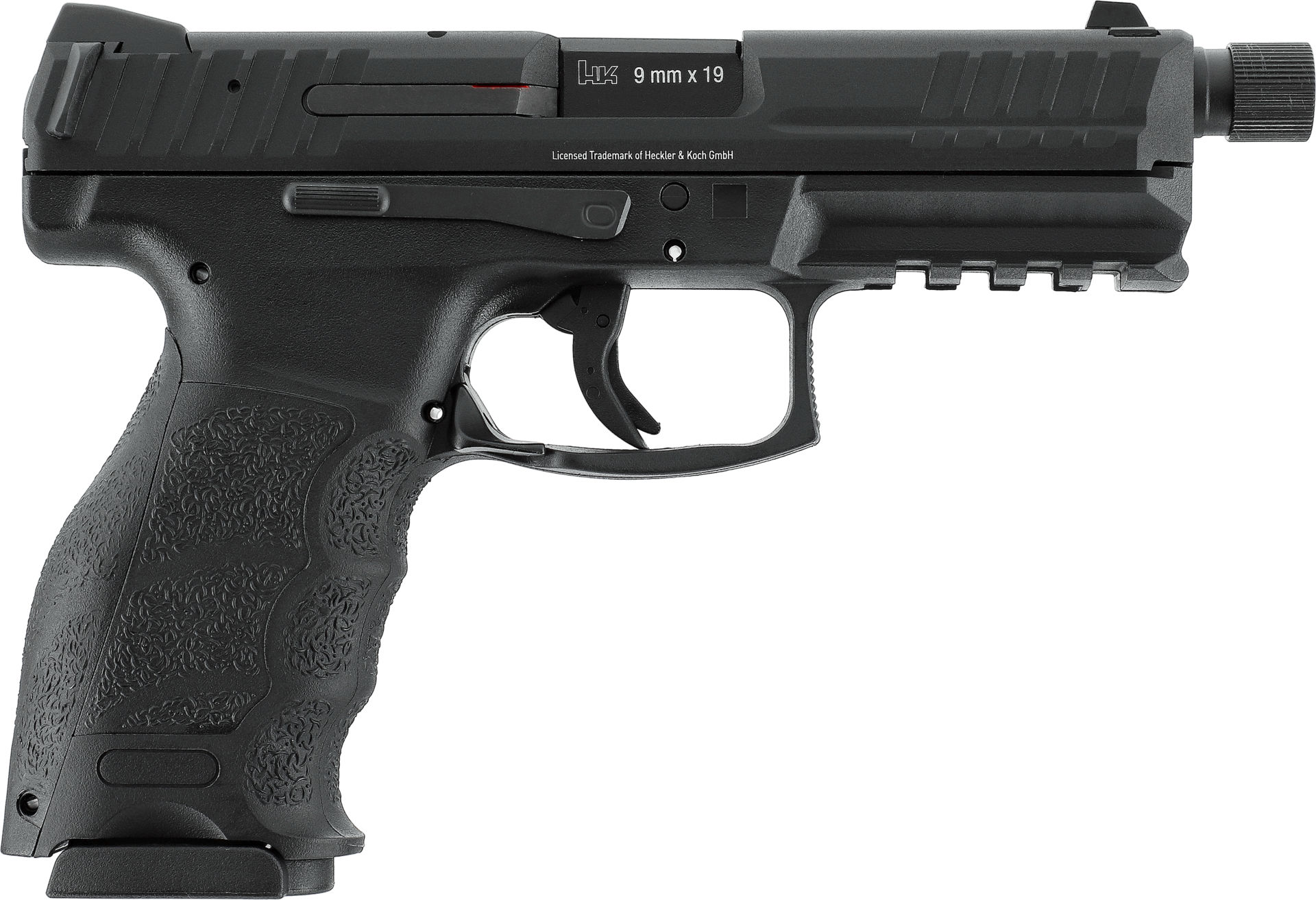 Schwarze Airsoftpistole mit strukturiertem Griff, oberschenkel-, seitenansicht.
