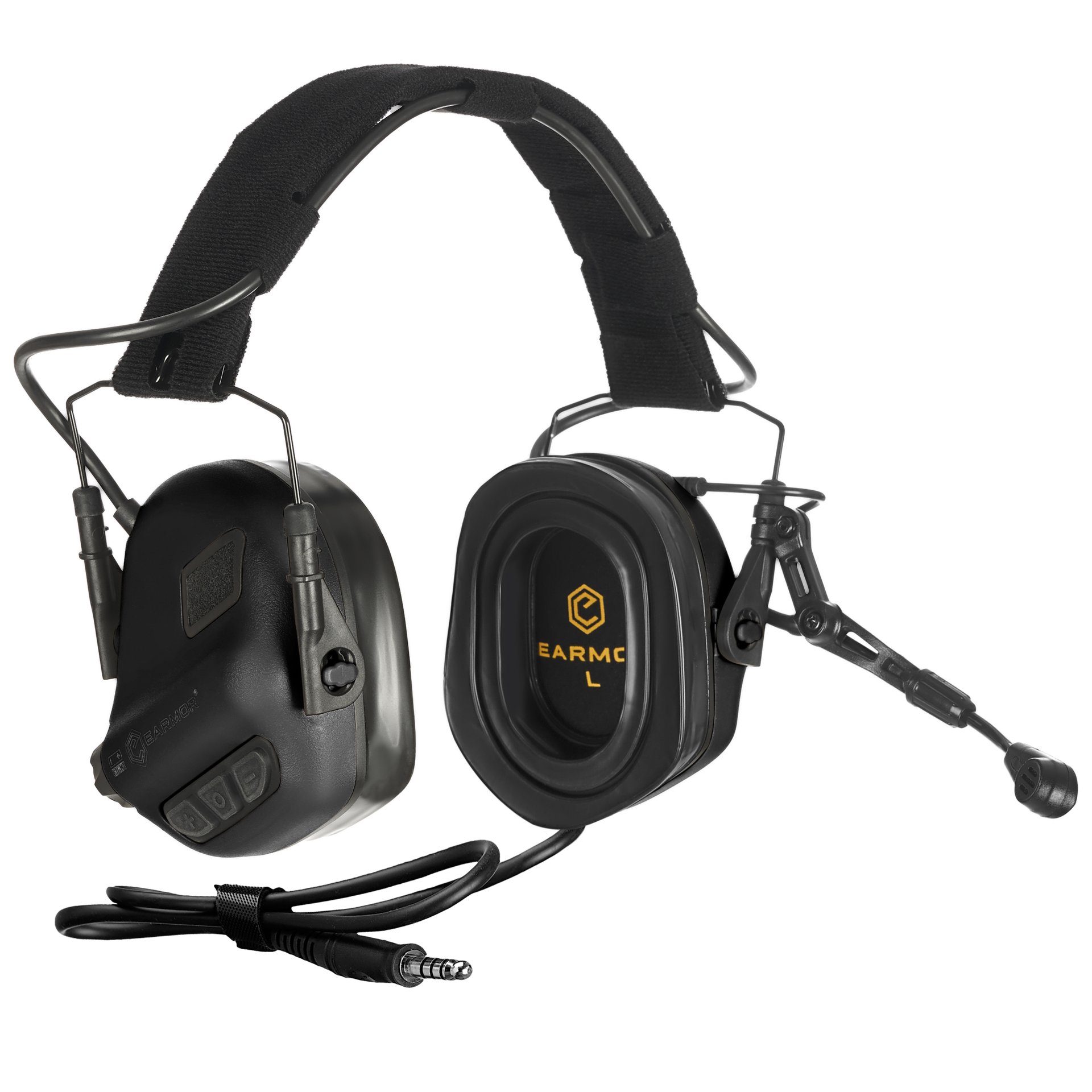 Taktisches Headset mit Mikrofon, verstellbarem Kopfbügel und Kabelanschluss, geeignet für Airsoft-Spiele.