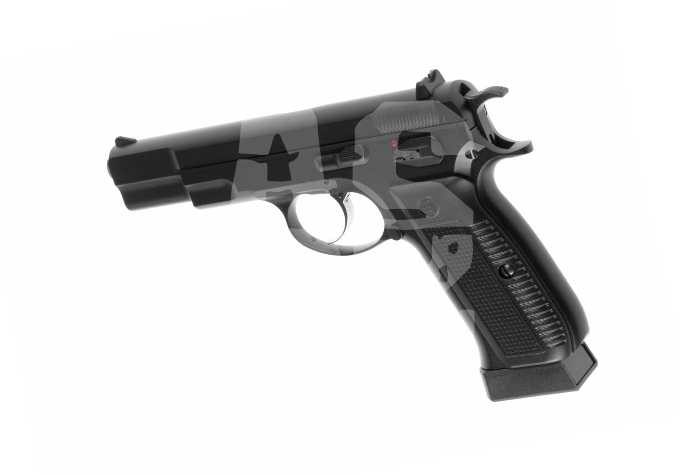 KJ Works KP-09 Full Metal Co2 - ab 18 Jahren Schwarze Airsoft-Pistole in Seitenansicht auf weißem Hintergrund.