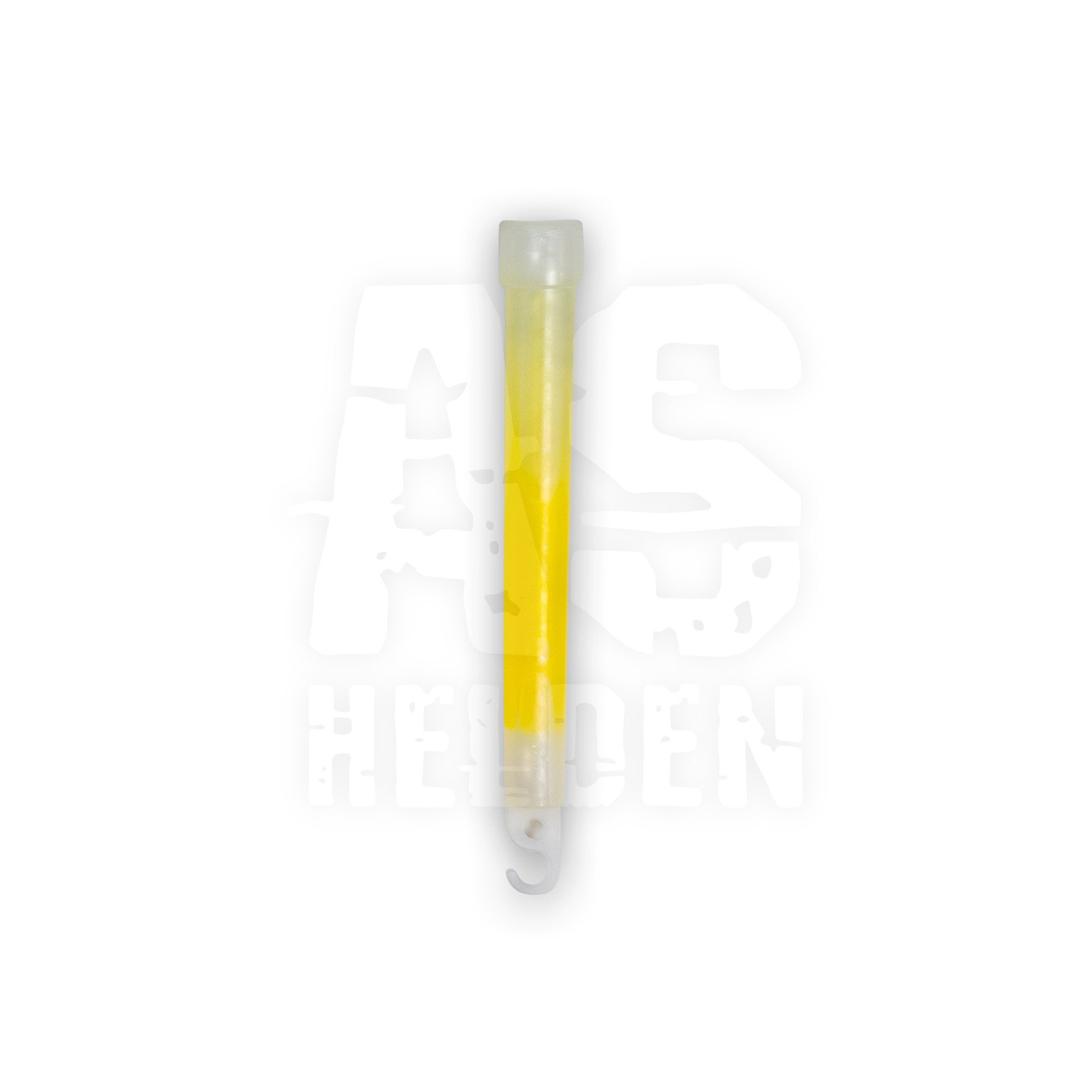 Gelbes Knicklicht mit Haken, vor weißem Hintergrund. Ideal für Airsoft-Nachtspiele.