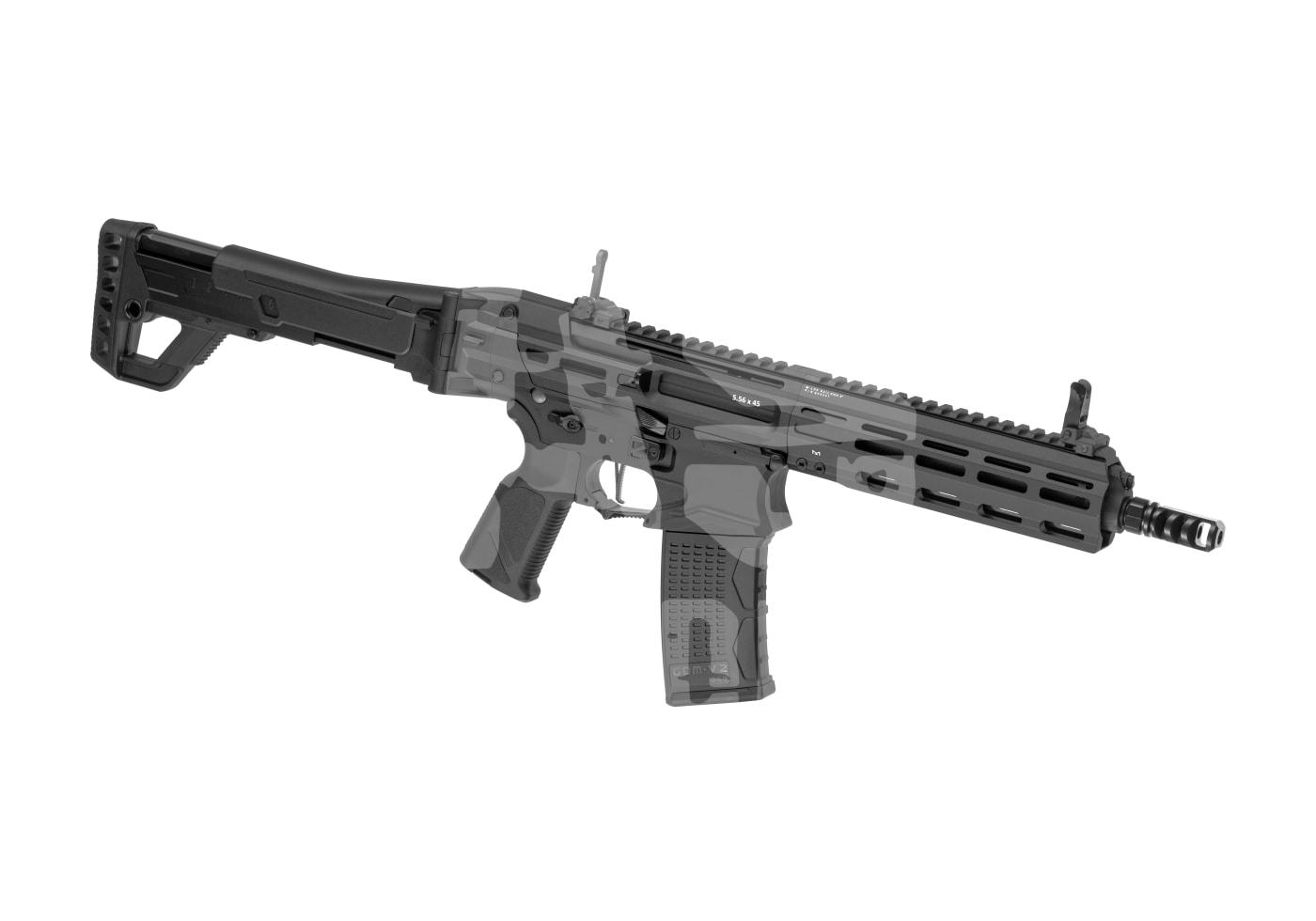 Airsoft-Gewehr mit taktischer Schaftverlängerung und Picatinny-Schiene, schwarz.