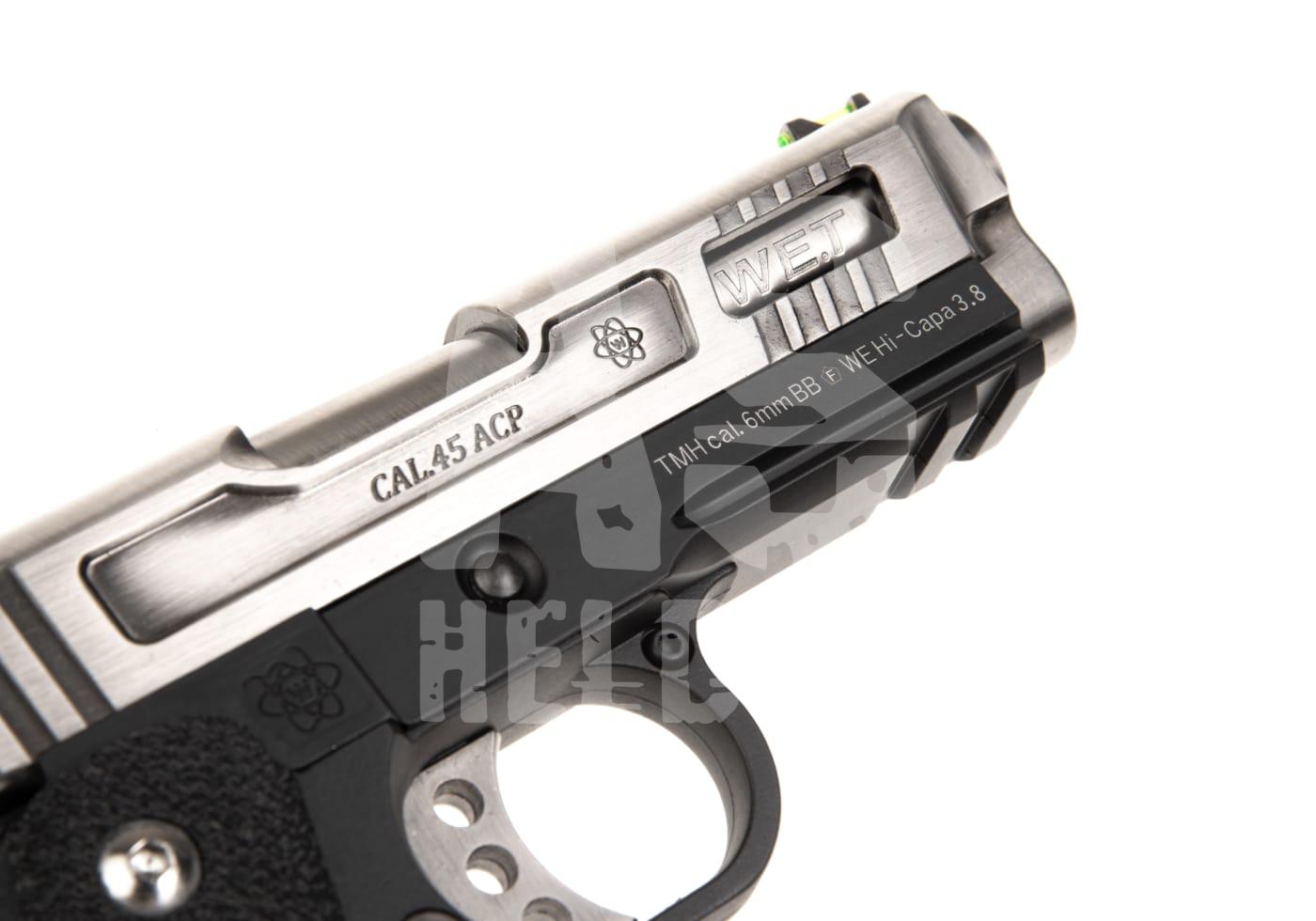 WE Airsoft-Pistole, silber-schwarz, Kal. 6mm BB, Hi-Capa 3.8 Modell mit Textgravur.