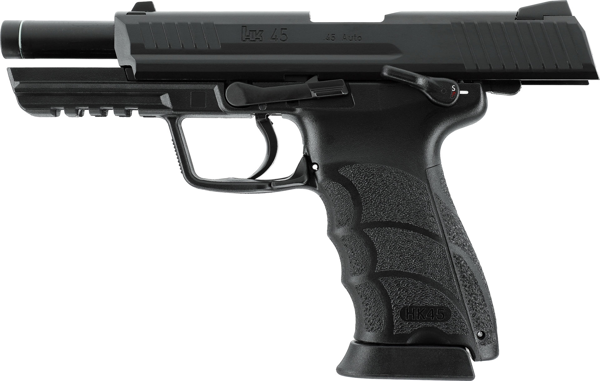 Schwarze Airsoft-Pistole HK 45, Griffstruktur und taktische Schiene, seitlich gezeigt.