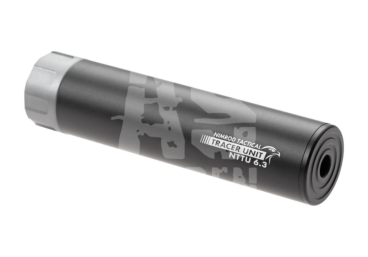 Schwarze Nimrod Tactical Tracer Unit NTTU 6.3 für Airsoftwaffen, zylindrisch mit silbernem Ende.