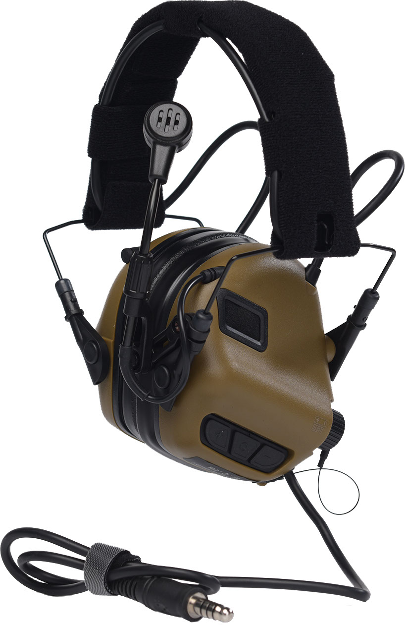 Taktischer Gehörschutz mit Mikrofon, olive, verstellbarer Bügel, Klinkenstecker-Verbindung für Airsoft.